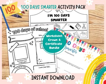 100 Days Smarter Worksheet, Crown and Certificate – Fun & Educational Activity for Kids! Instant Download. preschool activity, homeschooling