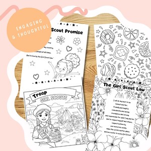 May include: Black and white Girl Scout coloring pages. One page features the Scout Promise, another the Girl Scout Law, and a third shows a troop with a campfire and Thin Mint cookies. The words "Engaging & Thoughtful" are in a peach circle.