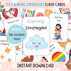 32 páginas de tarjetas de estrategia calmante para niños, atención plena y habilidades de afrontamiento, regulación emocional, alivio de la ansiedad, aprendizaje socioemocional.