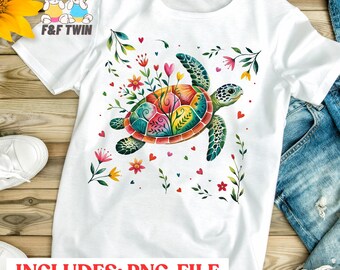 Watercolor Floral Sea Turtle PNG: Sublimation Design (Digital Download)