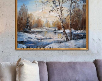 Grote canvaskunst winterbos, besneeuwd landschapsschilderij, gemengde techniek muurkunst met textuur
