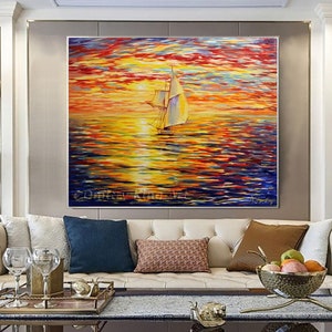 Pintura abstracta original de velero, gran pintura al óleo de velero, pintura abstracta de paisaje marino, arte mural de atardecer naranja, pintura de lienzo de velero