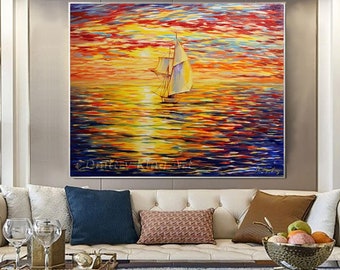 Pintura abstrata em tela de paisagem marítima ao pôr do sol com veleiro – Arte de parede oceano laranja