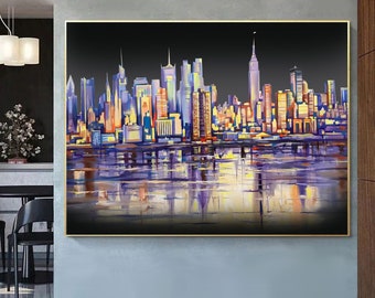 Groot New York bij nacht schilderij skyline van NYC canvas kunst, stadsgezicht muurkunst voor woonkamer