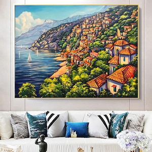 Grande Costa Amalfitana Itália Arte de parede em tela, Itália Pintura a óleo Costa Amalfitana Itália Arte de parede Costa Amalfitana Arte Paisagem marinha Sala de estar Decoração de parede