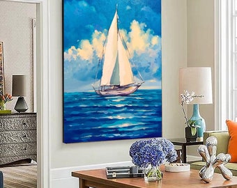 Large Abstract White Sailboat Art Ocean Sailing Boat Nautical Wall Art for Living Room