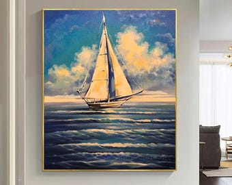 Large Abstract White Sailboat Art Ocean Canvas Sailing Art Nautical Gif Modern Sail boat