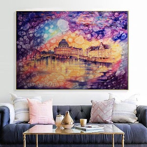 Large European City Skyline Artwork for Living Room, Colorful Cityscape Canvas Wall Art, Modern Wall Art for Living Room