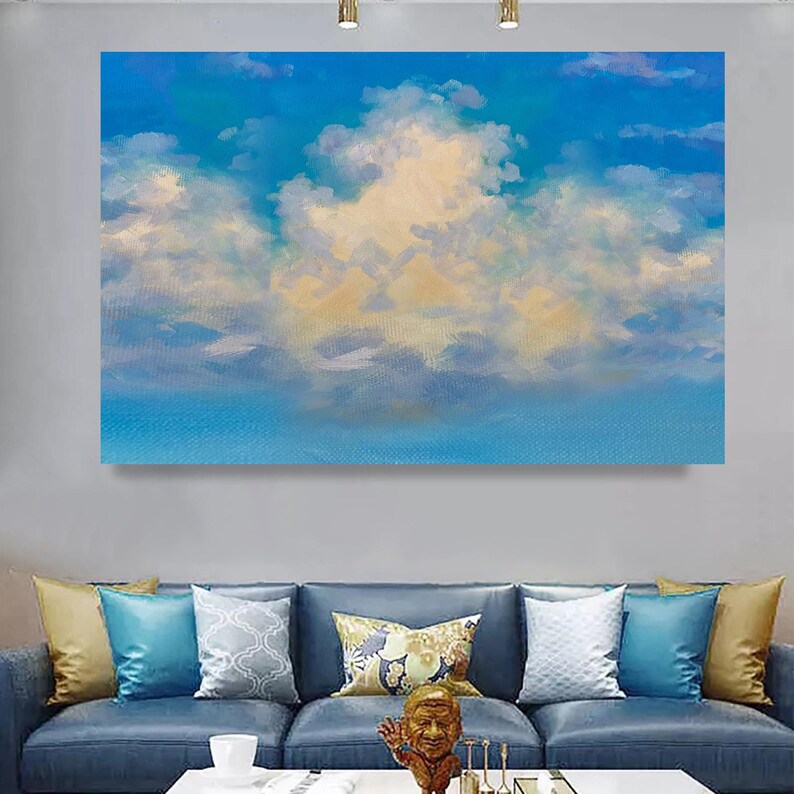 Large Blue White Abstract Art Cloud Wall Art Cloudy Sky Painting ...