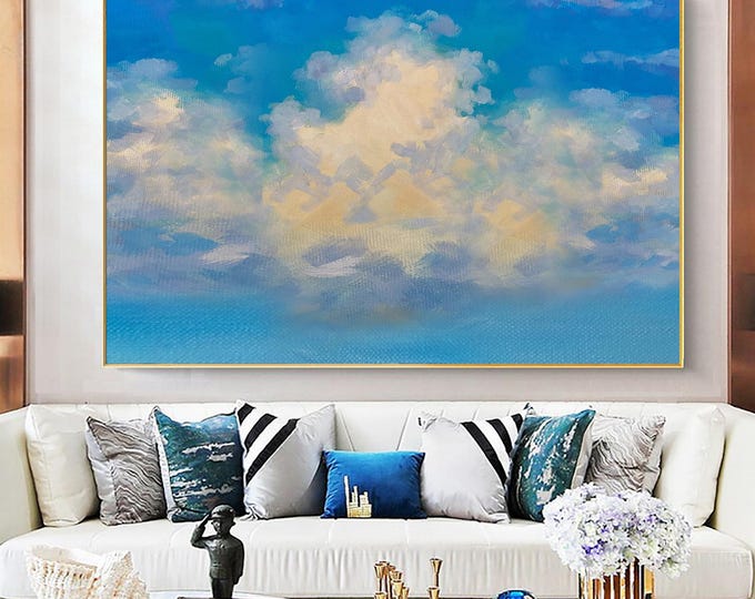 White Cloud Wall Art Large Cloudy Sky Painting Original Pink Cloud Home ...