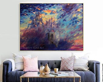 ファンタジーキャッスルアート、抽象的なおとぎ話の風景キャンバス絵画、シュールな壁飾り