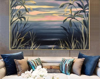 Cuadro grande de playa de Hawái para sala de estar, lienzo texturizado, decoración de pared costera azul.