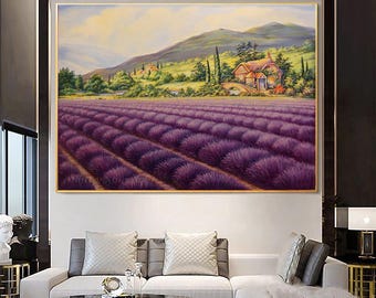 Lavender Field Canvas Wall Art, Provence Landscape Print with Hand Painted Texture, Large Farmhouse Wall Decor, French Country Cottage Art