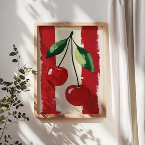 Cherries Art Print, Cherries and Strips Wall Art, Modern Abstract Cherry Fruit Painting, Fruit Poster, Home Decor, Digital Download