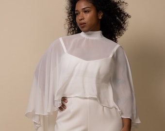 Mock Neck Cape Lightweight White Chiffon | Comme d'Habitude