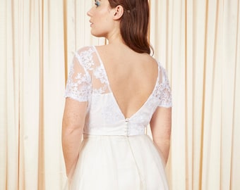 French Lace Satin Open Back Fitted Sweatheart Neckline Low Back Wedding Top - "Les Marquis"