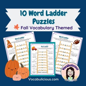 May include: Ten printable word ladder puzzles with a fall theme. The puzzles feature a ladder with clues to help solve the word puzzles. The puzzles are themed around fall vocabulary words.