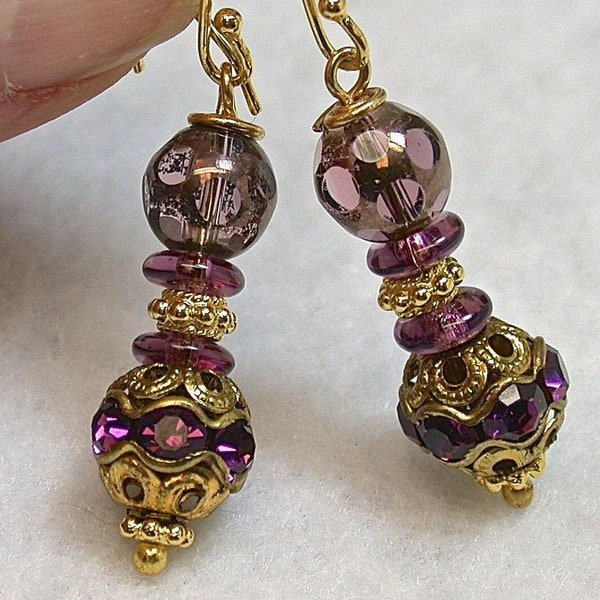 Vintage SWAROVSKI CRYSTAL AMETHYST Pave Gold Bead Dangle Earrings,Vintage Purple Cathedral Glass Beads,Bali 24K Gold Vermeil Ear Wires