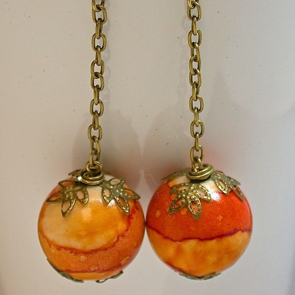 Vintage Japanese Lucite PICASSO ORANGE SWIRL Dangle Drop Large Bead Earrings, Brass Chain, Antiqued Brass Long Ear Wires