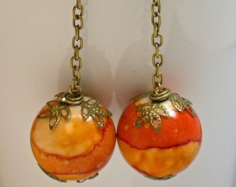 Vintage Japanese Lucite PICASSO ORANGE SWIRL Dangle Drop Large Bead Earrings, Brass Chain, Antiqued Brass Long Ear Wires