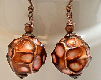Vintage Japanese Lucite Cognac Colored Coral Dimpled Retro Bead Earrings,Vintage Japanese Copper Beads, Copper Ear Wires