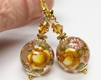 Vintage TENSHA YELLOW ROSE White Daisy Japanese Bead Earrings , Vintage Topaz Yellow Crystal Beads, Gold French Ear Wires- Kohana