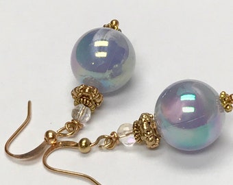 Vintage Japanese FAUX Lucite PURPLE PEARL Bead Dangle Drop Earrings ,Vintage Crystal Beads, Gold Toggle Clasp