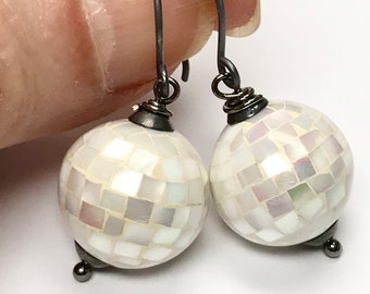 Vintage ABALONE MOSAIC Shell White Handmade Bead Dangle Drop Earrings, Handmade Oxidized Sterling Silver French Ear Wires- Disco Pop