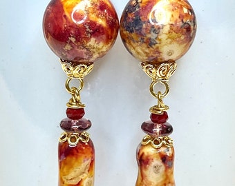 Vintage Japanese PICASSO GLASS Orange Yellow Purple Pink Bead Dangle Earrings, Bali 24k Gold Vermeil Ear Wires, Ornate Bali Bead Caps