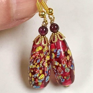 Vintage Japanese MILLEFIORI GLASS Red TEARDROP Bead Dangle Drop Earrings,Vintage Almandine Garnet Beads, Gold Bead Caps, Gold Ear Wires