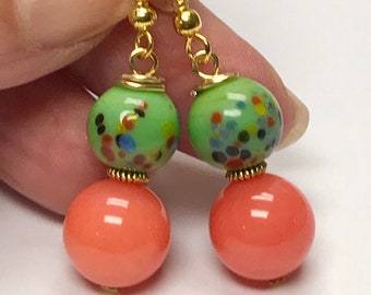 Vintage RARE CORAL CHALCEDONY Bead Dangle Drop Earrings, Vintage Lime Green Japanese Millefiori Confetti Glass Beads,Gold Plated Ear Wires