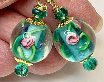 Vintage Chinese GIVRE Glass Emerald Green Teal Pink Rose FLOWERS Bead Dangle Earrings, Vintage Emerald Green Crystal Beads, Gold Ear Wires