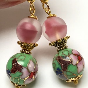 Vintage Chinese CLOISONNE RARE Apple Green Dangle Drop Bead Earrings ,Vintage 1950s German Pink Givre Glass Beads, Gold French Ear Wires