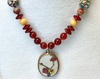 Antique Chinese Qing Porcelain Flower PENDANT Knotted Carnelian Necklace,Vintage Paragon Agate,Vintage Chinese Porcelain,Yellow Chalcedony