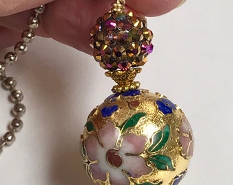 Vintage Chinese Rare CHAMPLEVE' Cloisonne GOLD Ornate Focal Bead Fan Light Pull, Plum Purple Pink Crystal Berry Bead