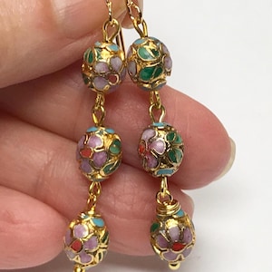 Vintage Chinese RARE GOLD CHAMPLEVE Cloisonne Pink Flowers, Red, Blue, Green Triple c Beads Long Dangle Earrings,Long Gold French Ear Wires
