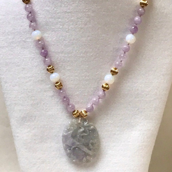 Vintage JADEITE Carved VIOLET Peaches Pendant Knotted Bead Necklace,Vintage Lavender Amethyst,Vintage German Opalite Glass, Gold