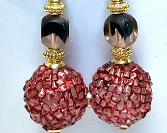 Vintage Japanese Rare SUGAR Bead RED IRIDESCENT Earrings, Black Glass,Vintage Cathedral Givre Glass,Bali 24kGold Vermeil Beads,Ear Wires