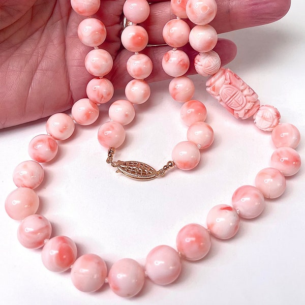 Vintage Pink Angel Skin Coral Gem Quality Carved Shou Bead Hand Knotted 110.7 GRAMS Necklace ,14K Gold Clasp,14K Gold Beads