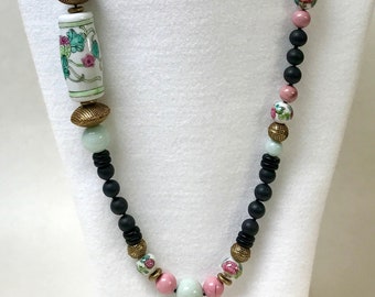 Vintage Black Crystal Bead Knotted Necklace,Pink Rhodonite, Aqua Amazonite Bead ,Vintage Chinese Porcelain,Vintage Brass Tea Strainer Beads