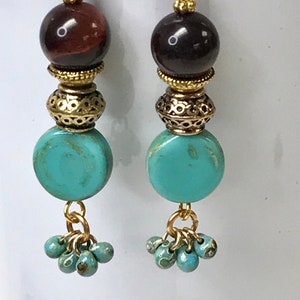 Vintage RED TIGEREYE Dangle Cluster Bead Earrings, Vintage TURQUOISE Glass Beads,Japanese Miyuki Picasso Turquoise Beads, Bali Style Gold image 4