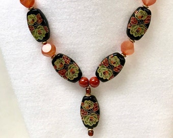 Vintage Japanese TENSHA GOLD ROSES Black Red Flowers Large Bead Necklace ,Vintage Rare Carnelian Dice Beads, Vintage Red Jasper Beads