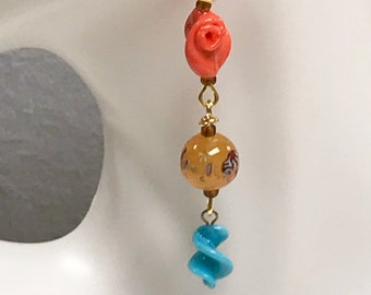 Vintage Japanese Millefiori Glass HONEY ORANGE Flower Bead Earrings,Vintage Japanese Handmade Coral Twist Glass,Turquoise Dangle Glass Twist