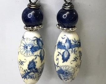 Vintage Japanese PORCELAIN TENSHA Blue FLOWERS White Oval Bead Earrings,Vintage Lapis Lazuli Bead,Handmade Oxidized Sterling Silver Ear Wire