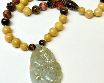 Vintage Jadeite CARVED PEACOCK Pendant Knotted Necklace,RARE Yellow Chalcedony, Vintage Carved Tiger Eye,Vintage Hickoryite,Picture Jasper