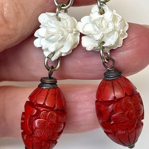 Vintage RARE Carved MEERSCHAUM Flower Bead Dangle Earrings,Vintage Chinese Rare 1940s Red CINNABAR Oval Bead,Handmade Silver Ear Wires