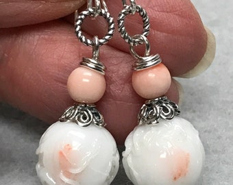 Vintage ANGEL SKIN CORAL Pink Dangle Bead Earrings,Vintage Japanese White Coral Glass Flower Beads,Handmade Bali Sterling Silver Bead Caps