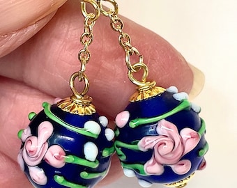 Vintage FIORATO Glass Wedding Cake Cobalt Blue Pink Flowers Dangle Bead Earrings,Gold Chain,Gold Plated Ear Wires
