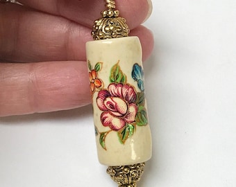 Vintage Japanese Porcelain PINK ROSE TENSHA Flowers Bead Fan Light Pull ,Orange,Blue,Vintage Gold Plated Ornate Beads-