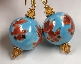 Vintage Chinese Porcelain KOI FISH Aqua Blue Bead Dangle Drop Earrings, Swarovski Topaz Crystal, Gold Kidney Ear Wires